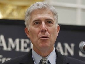 File- This Sept. 28, 2017, file photo shows Supreme Court Justice Neil Gorsuch speaking at the 50th anniversary of the Fund for America Studies luncheon at the Trump Hotel in Washington. Gorsuch stressed the need for civil discourse in a speech to college students in which he also delved into his judicial philosophy. Gorsuch spoke to students and invited guests at Stockton University in southern New Jersey on Tuesday, Jan. 23, 2018. The Supreme Court's newest justice also drew chuckles with his impression of former Justice Byron White and with his characterizations of the rituals of being a new justice.