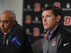 Cincinnati Bengals NFL football offensive coordinator Bill Lazor, right, speaks alongside head coach Marvin Lewis during a news conference following an announcement that they will remain in their positions for an additional two seasons, Wednesday, Jan. 3, 2018, in Cincinnati.