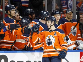 Ryan Nugent-Hopkins of the Edmonton Oilers is congratulated by teammates after scoring in the shootout against the Anaheim Ducks in NHL action Thursday night at Rogers Place. The Oilers were 2-1 winners.