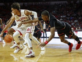 Oklahoma's Trae Young (11) drives the ball away from Texas Tech's Jarrett Culver, right, during the first half of an NCAA college basketball game in Norman, Okla., Tuesday, Jan. 9, 2018.