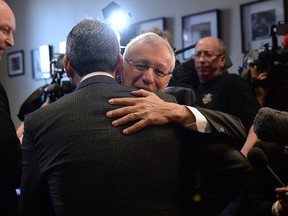 Ontario PC party interim leader Vic Fedeli is congratulated after a caucus meeting at Queen's Park in Toronto on Friday, January 26, 2018.