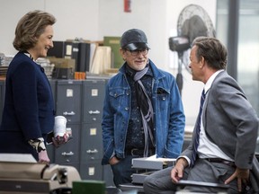 Actress Meryl Streep, director Steven Spielberg, and actor Tom Hanks on the set of The Post.