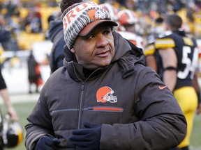 Cleveland Browns head coach Hue Jackson walks off the field after an NFL football game against the Pittsburgh Steelers in Pittsburgh, Sunday, Dec. 31, 2017.