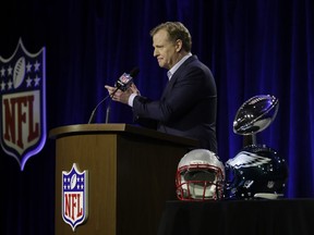 NFL Commissioner Roger Goodell speaks during a news conference in advance of the Super Bowl 52 football game, Wednesday, Jan. 31, 2018, in Minneapolis. The Philadelphia Eagles play the New England Patriots on Sunday, Feb. 4, 2018.