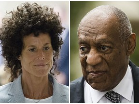 FILE - This combination of file photos shows Andrea Constand, left, walking to the courtroom during Bill Cosby's sexual assault trial June 6, 2017, at the Montgomery County Courthouse in Norristown, Pa.; and Bill Cosby, right, arriving for his sexual assault trial June 16, 2017, at the Montgomery County Courthouse in Norristown, Pa. Prosecutors at Cosby's spring 2018 retrial on charges he drugged and sexually assaulted Constand at his home near Philadelphia want jurors to hear from 19 other accusers.