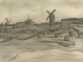 This image released by the Vincent Van Gogh Foundation on Tuesday Jan. 16, 2018 shows a drawing titled The Hill of Montmartre (1886). The drawing is housed at the Van Gogh Museum and shares an unmistakable connection to the newly-discovered van Gogh drawing in terms of subject, size, style, technique and materials. (Vincent Van Gogh Foundation via AP)