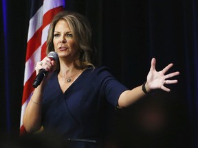 FILE - In this Oct. 17, 2017, file photo, Arizona Senate candidate Kelli Ward speaks at a campaign rally in Scottsdale, Ariz. Joe Arpaio, the former Arizona sheriff who was spared a possible jail sentence when President Donald Trump pardoned him for disobeying a judge, announced Tuesday that he would run for the Senate seat being vacated by fellow Republican Jeff Flake. Arpaio's ambitions sparked speculation that he could edge out a former state senator Ward in the GOP primary.