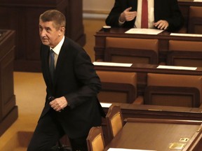Czech Republic's Prime Minister Andrej Babis arrives for a Parliament session in Prague, Czech Republic, Tuesday, Jan. 16, 2018. Czech Republic's Parliament gathered for a confidence vote for a newly appointed government led by Babis.