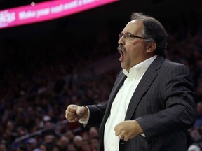 Detroit Pistons coach Stan Van Gundy reacts to a call during the first half of the team's NBA basketball game against the Philadelphia 76ers, Friday, Jan. 5, 2018, in Philadelphia.