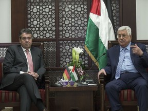 German Foreign Minister Sigmar Gabriel, left, meets with the Palestinian President Mahmoud Abbas, in the West Bank Town of Ramallah, Wednesday, Jan. 31, 2018.