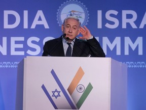 Israeli Prime Minister Benjamin Netanyahu speaks during the India-Israel Business Summit in Mumbai, India, Thursday, Jan. 18, 2018. Netanyahu is on a six-day visit to India.