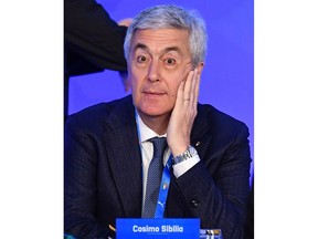 Cosimo Sibilia attends a meeting to elect the new president of the Italian soccer federation (FIGC) in Rome, Monday, Jan. 29, 2018. Three candidates have stepped forward to replace Carlo Tavecchio as president of the Italian soccer federation. The candidates are: Gabriele Gravina, president of the Lega Pro (Serie C); Cosimo Sibilia, president of the Lega Nazionale Dilettanti (amateur league); and Damiano Tommasi, president of the Associazione Italiana Calciatori (soccer players' association).