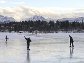 FILE - In this Jan. 2, 2018, file photo, ice skaters take advantage of unseasonable warm temperatures to ice skate outside at Westchester Lagoon in Anchorage, Alaska. While a large part of the county is freezing under Alaska-like conditions, parts of the nation's northernmost state were basking in balmy conditions Tuesday, Dec. 2, 2017. And Anchorage residents took full advantages, running in light shirts on their lunch hour, ice skating outdoors with only T-shirts on or playing hockey in a sweatshirt.