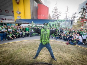 Saskatchewan Rush superfan Kelvin Ooms, who dresses as the Incredible Hulk at lacrosse games, has been told he can't wear his costume at this weekend's Roughnecks game due to security concerns. Courtesy GetMyPhoto.ca/Josh Schaefer Photography
