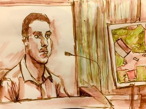 Sheldon Stanley testifies in this courtroom sketch in North Battleford, Sask., on Wednesday, Jan. 31, 2018.