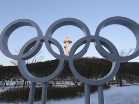 The Olympic rings are displayed at the Main Press Center for the 2018 Pyeongchang Winter Olympics in Pyeongchang, South Korea.