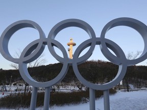 The Olympic rings are displayed at the Main Press Center for the 2018 Pyeongchang Winter Olympics in Pyeongchang, South Korea, Tuesday, Jan. 23, 2018. A team of South Korean officials travelled to North Korea on Tuesday to check logistics for joint events ahead of next month's Winter Olympics in the South, as the rivals exchanged rare visits to each other amid signs of warming ties.