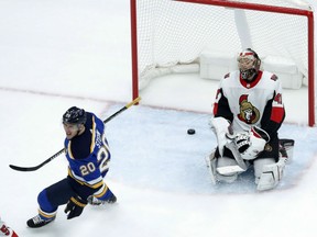 St. Louis Blues' Alexander Steen celebrates after teammate Vladimir Sobotka scored against Ottawa Senators goaltender Craig Anderson, right, during the first period Tuesday in St. Louis.