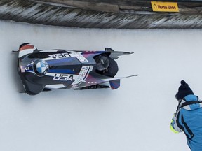 Elena Meyers Taylor and Lolo Jones from USA compete during the women's  Bob  World Cup in St. Moritz, Switzerland, on Saturday, Jan. 13, 2018.