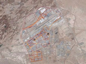 A portion of the Strava Labs heat map from Kandahar Airfield in Afghanistan, made by tracking activities.