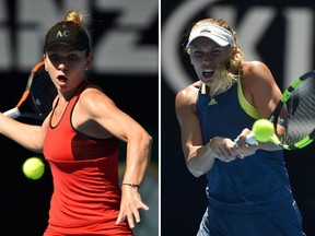 Simona Halep (left) and Caroline Wozniacki play returns in their respective Australian Open semifinals on Jan. 25.