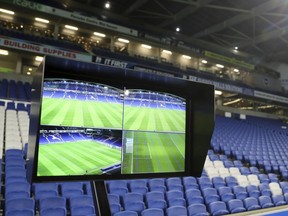 A view of the Video Assistant Referee (VAR) system pitchside, which will be used for the English FA Cup, Third Round soccer match at the AMEX Stadium in Brighton, England between Brighton & Hove Albion and Crystal Palace, Monday Jan. 8, 2018.