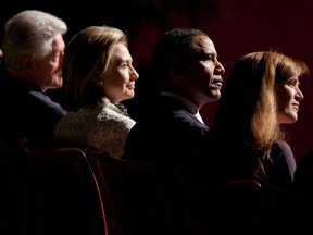 President Barack Obama, with from left; Kofi Anna, former Secretary General of the United Nations, for President Bill Clinton, Secretary of State Hillary Rodham Clinton, and Samantha Power, NSC Director of Multilateral Affairs.