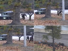 FILE - This combination of file images made from Nov. 13, 2017, surveillance video released by the United Nations Command shows a North Korean soldier running from a jeep and then shot by North Korean soldiers in Panmunjom, North Korea, before collapsing across the border in South Korea. The two Koreas' rare high-profile talks Tuesday, Jan. 9, 2018 are taking place at their jointly controlled area inside the heavily fortified border, the place where North Korean soldiers recently sprayed bullets at a comrade who was making a daring dash for freedom.(United Nations Command via AP, File)