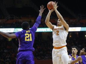 Tennessee forward Grant Williams (2) shoots over LSU forward Aaron Epps (21) during the first half of an NCAA college basketball game Wednesday, Jan. 31, 2018, in Knoxville, Tenn.