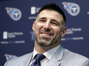 New Tennessee Titans NFL football head coach Mike Vrabel answers questions during a news conference Monday, Jan. 22, 2018, in Nashville, Tenn. The Titans hired Vrabel, formerly the Houston Texans defensive coordinator, five days after firing Mike Mularkey.