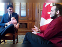 Prime Minister Justin Trudeau with Joshua Boyle and one of Boyle's children during a meeting in December at Parliament Hill.