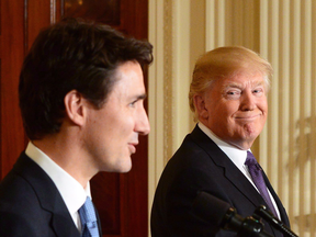 Prime Minister Justin Trudeau, left, and U.S. President Donald Trump take part in a joint press conference at the White House on Feb. 13, 2017.