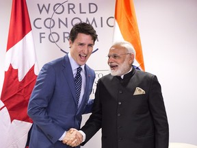 Prime Minister Justin Trudeau meets with Indian Prime Minister Narendra Modi in Davos, Switzerland at the World Economic Forum on Tuesday, January 23, 2018.