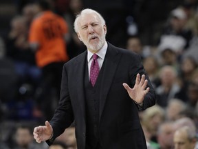 San Antonio Spurs head coach Gregg Popovich reacts to a call during the first half of an NBA basketball game against the Indiana Pacers, Sunday, Jan. 21, 2018, in San Antonio.