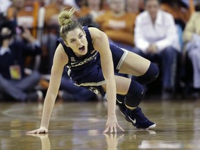 Connecticut forward Katie Lou Samuelson (33) celebrates after scoring against Texas during the first half of an NCAA college basketball game, Monday, Jan. 15, 2018, in Austin, Texas.