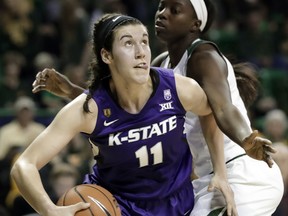 Kansas State forward Peyton Williams (11) works past Baylor forward Dekeiya Cohen during the first half of an NCAA college basketball game Saturday, Jan. 20, 2018, in Waco, Texas.