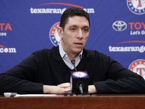 Texas Rangers President of Baseball Operations and General Manager Jon Daniels addresses questions from reporters during a news conference at the team's ballpark, Tuesday, Jan. 16, 2018, in Arlington, Texas.