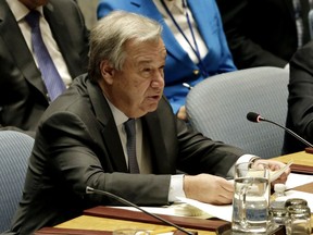 U.N. Secretary-General Antonio Guterres addresses the United Nations Security Council, Thursday, Jan. 18, 2018.