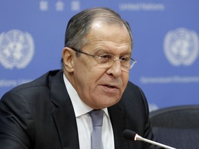 Russia's Foreign Minister Sergei Lavrov speaks during a news conference at United Nations headquarters, Friday, Jan. 19, 2018.