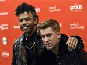 Rafael Casal, right, and Daveed Diggs, cast members, co-writers and co-producers of "Blindspotting," pose together at the premiere of the film on the opening night of the 2018 Sundance Film Festival on Thursday, Jan. 18, 2018, in Park City, Utah.
