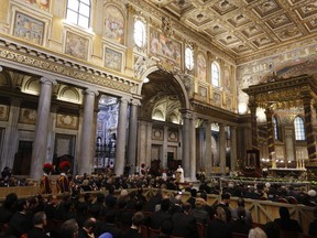 In this photo taken on Thursday, Oct. 12, 2017, Pope Francis celebrates Mass on the occasion of the 100th anniversary of the Congregation for the Oriental Churches, at the Saint Mary Major Basilica in Rome. Pope Francis' favorite icon of the Madonna in Rome has gotten a face-lift. The Vatican on Wednesday, Jan. 24, 2018 unveiled photos of the restored Salus populi Romani, a Byzantine-style painting on wood that is located inside the St. Mary Major Basilica. The incon will be officially displayed to the public Sunday, when Francis celebrates a special Mass at the basilica .