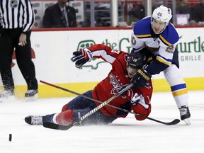 Washington Capitals left wing Jakub Vrana (13), from the Czech Republic, loses the puck as St. Louis Blues left wing Alexander Steen (20) defends in the second period of an NHL hockey game, Sunday, Jan. 7, 2018, in Washington.