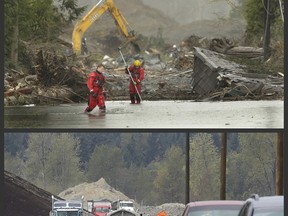 FILE - In this combination of file photos on March 27, 2014, top, search and rescue workers probe the water covering Washington Highway 530 on the eastern edge of the massive mudslide that struck Oso, Wash., and on Sept. 23, 2014, cars move down the rebuilt roadway which re-opened to two-way 50 mph traffic on Sept. 22, 2014 from the same position and angle. The mudslide destroyed the small community of Oso and killed 43 people. In Montecito, Calif., after cleanup crews haul away the last of the muck that splintered hundreds of homes like a battering ram, the seaside hideaway for the wealthy will begin to rebuild from the worst disaster of its kind in the U.S. since the Oso slide.