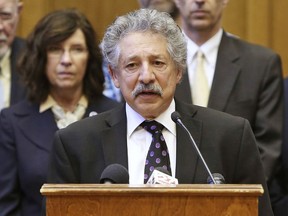 FILE - In this Nov. 4, 2015, file photo, Madison Mayor Paul Soglin speaks at a news conference in Madison, Wis. Soglin officially joined the race for Wisconsin governor Wednesday, Jan. 10, 2018, after months of speculation. He becomes the ninth top-tier Democrat in a crowded field that will square off in the August primary.