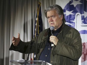 FILE - In this Nov. 9, 2017, file photo, Steve Bannon, speaks during an event in Manchester, N.H.  President Donald Trump is blasting his former chief strategist ahead of the release of a new, unflattering book. Trump says in the statement that when Bannon was fired, "he not only lost his job, he lost his mind. " A new book by writer Michael Wolff offers a series of explosive revelations, including that Trump never expected to win the 2016 race.