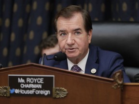 FILE - In this Oct. 12, 2017, file photo, House Foreign Affairs Committee Chairman Ed Royce, R-Calif., presides over a markup of a bill to expand sanctions against Iran with respect to its ballistic missile program, on Capitol Hill in Washington. Royce says he will not seek re-election after serving out his 13th term.