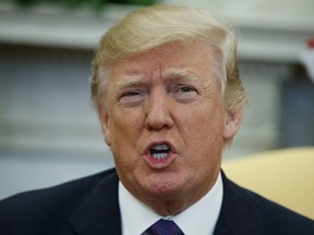 In this Jan. 16, 2018, photo, President Donald Trump speaks during a meeting with Kazakhstan's President Nursultan Nazarbayev in the Oval Office of the White House in Washington. An Associated Press review of statements made under oath by Trump gives clues about how he might handle questions from special counsel Robert Mueller's team of investigators. It's not clear when or even if Mueller and his team will question Trump, though the topic has been broached.