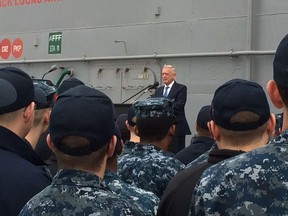 FILE - In this Dec. 21, 2017, file photo, Defense Secretary Jim Mattis speaks aboard the USS Iwo Jima at Naval Station Mayport, Fla. Mattis is a storyteller, and nowhere do the tales flow more easily than when he's among the breed he identifies with most closely _ the men and women of the military