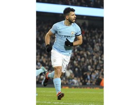 Manchester City's Sergio Aguero celebrates after scoring his side's second goal during the English Premier League soccer match between Manchester City and Newcastle United at the Etihad Stadium in Manchester, England, Saturday, Jan. 20, 2018.