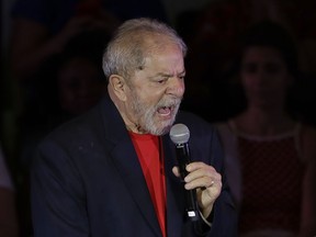 Former Brazilian President Luiz Inacio Lula da Silva speaks during a meeting with artists and intellectuals in Sao Paulo, Brazil, Thursday, Jan. 18, 2018. Brazilian judges are scheduled to rule Wednesday on Lula da Silva's appeal of his conviction on corruption and money laundering charges.